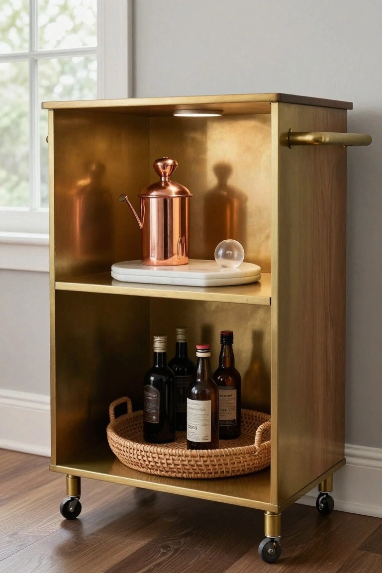 Gold-toned brass bar cart with open shelves, wheels, copper shaker on top, glass orb, white tray, and assorted bottles in a woven basket on the lower shelf, next to a window in a light interior room.