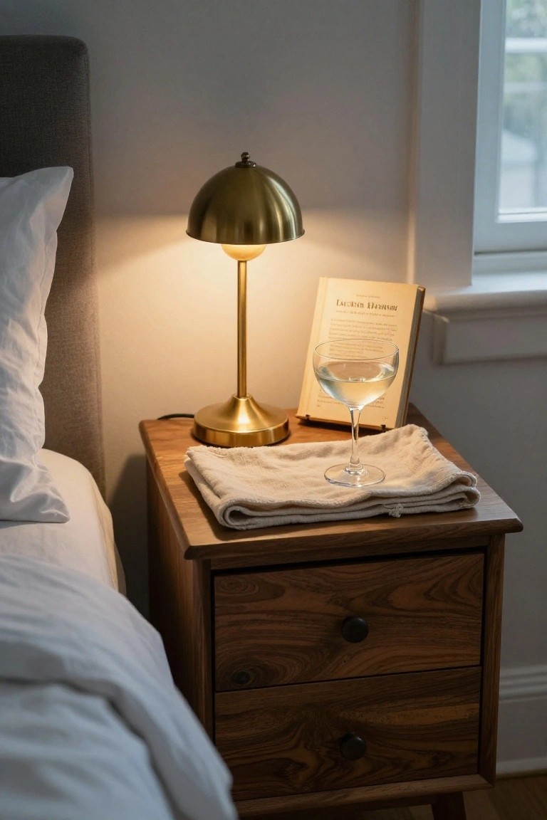 Wooden nightstand beside a bed with a brass dome lamp, open book propping a glass of white wine, white linen cloth, gray headboard, and window in background.