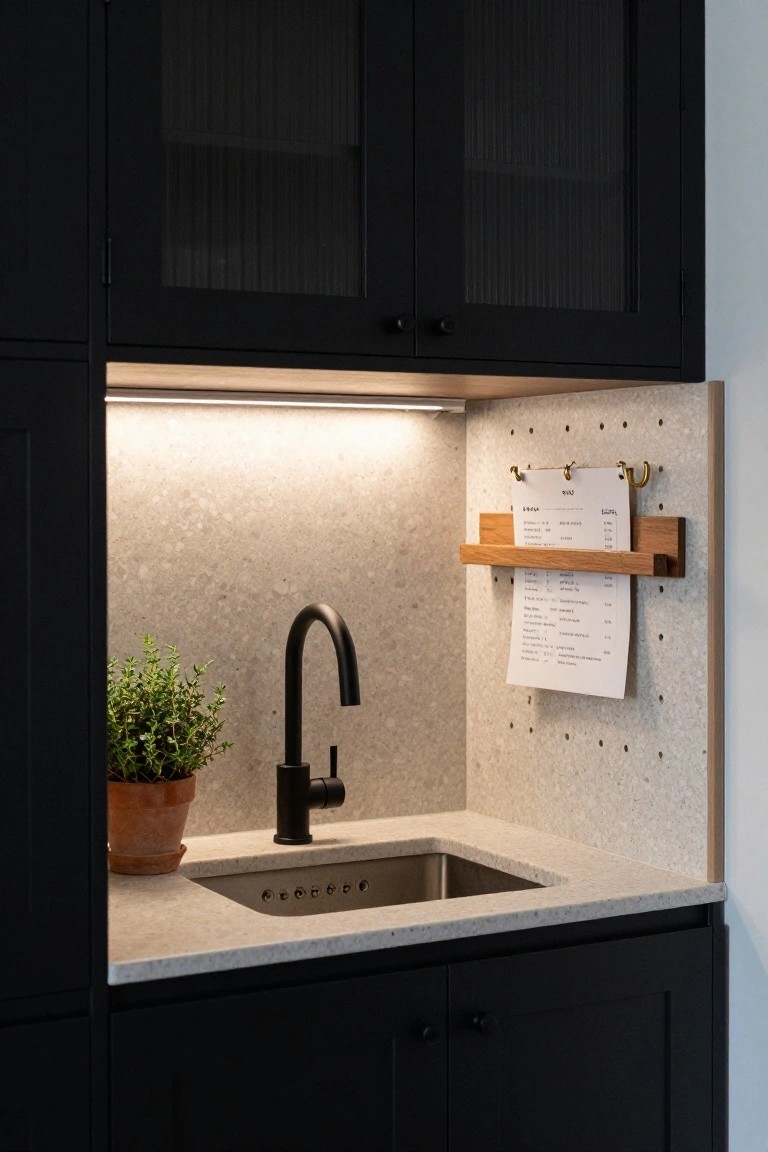Close-up view of a compact kitchen sink area featuring black framed cabinets, light gray speckled countertop, black gooseneck faucet, stainless steel sink, potted green plant, and wooden ledge with pegboard and brass hooks holding white papers on the backsplash wall.