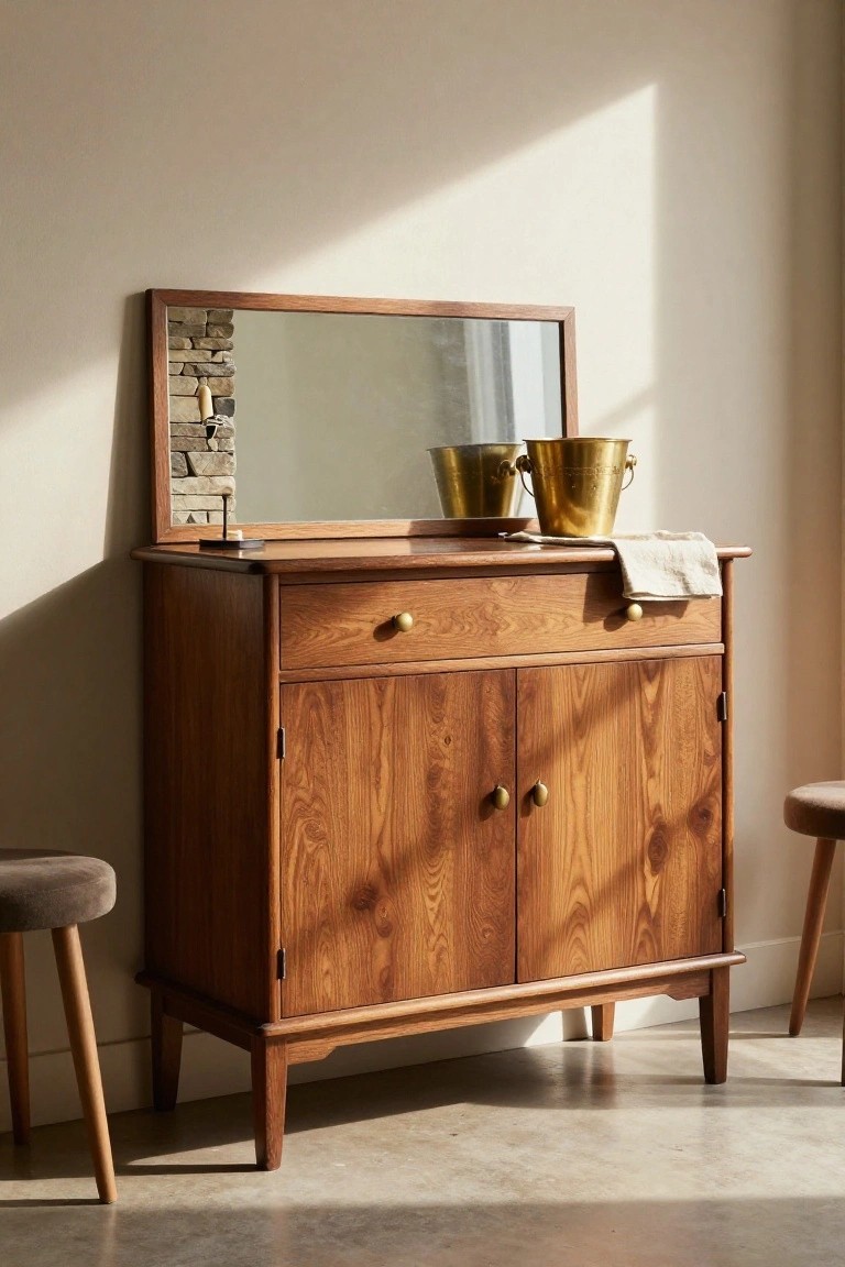 Wooden cabinet with drawers and double doors, topped with a rectangular mirror framed in wood with stone accents, two brass buckets, and a cloth draped over the edge, beside a cushioned stool in a beige room with natural light.