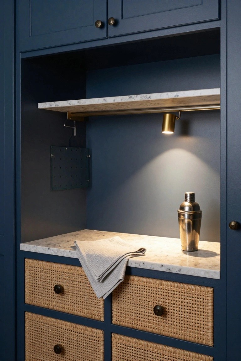 Tall navy blue built-in cabinet with white marble countertop holding a silver cocktail shaker and gray cloth napkin, gold spotlight above, pegboard panel on side wall, and lower rattan drawers with brass knobs.