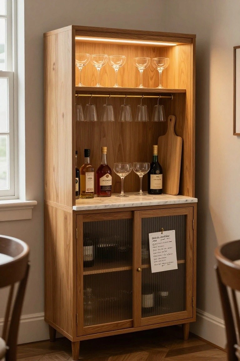 Tall oak bar cabinet in room corner with LED top lighting, shelves holding coupes and liquor bottles, marble countertop, glass-front lower cabinets with wine bottles, wooden chairs nearby.