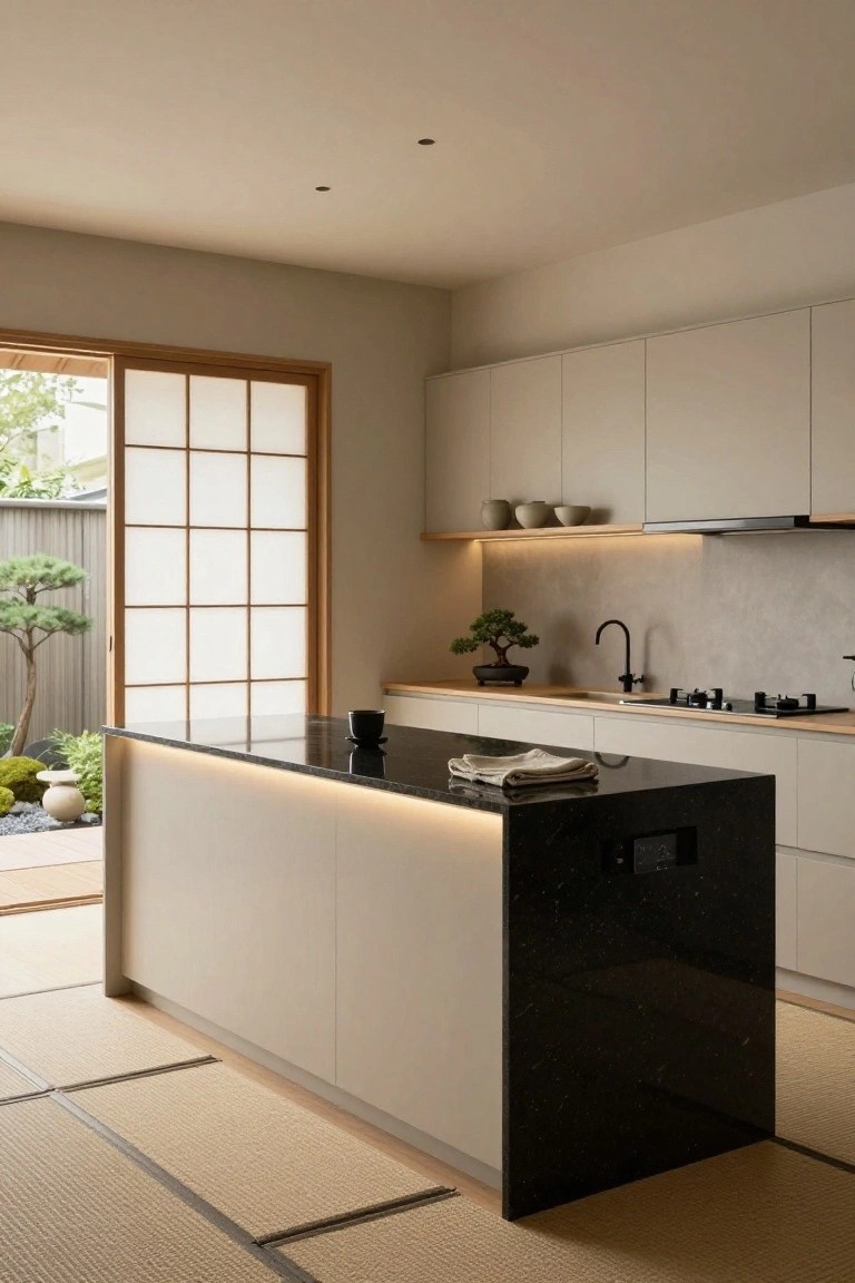 Modern kitchen featuring a black granite island with LED underlighting, white cabinets, shoji screen doors open to a small Japanese garden, and tatami mat flooring.