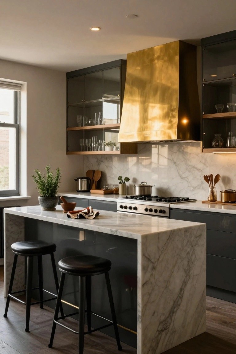 Modern kitchen interior featuring a large sculptural brass range hood over a stainless steel gas range, white marble waterfall island with two black leather bar stools, dark gray cabinets, glass-front upper cabinets, and potted plants on counters.