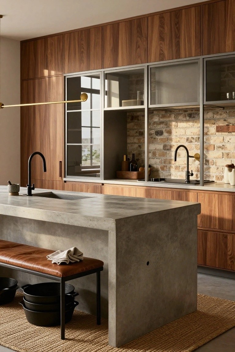 Modern kitchen interior with walnut wood cabinets, glass-fronted upper cabinets, exposed brick backsplash, large polished concrete island with integrated sink and black gooseneck faucet, black metal bench with leather cushion, and black cast iron pots on the floor beside a seagrass rug.