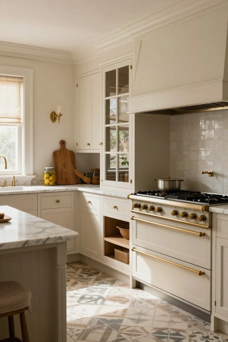 Light cream Shaker-style kitchen cabinets with brass hardware, white subway tile backsplash, marble countertops, a large brass-handled gas range, patterned tile floor, and a wood stool at an island.
