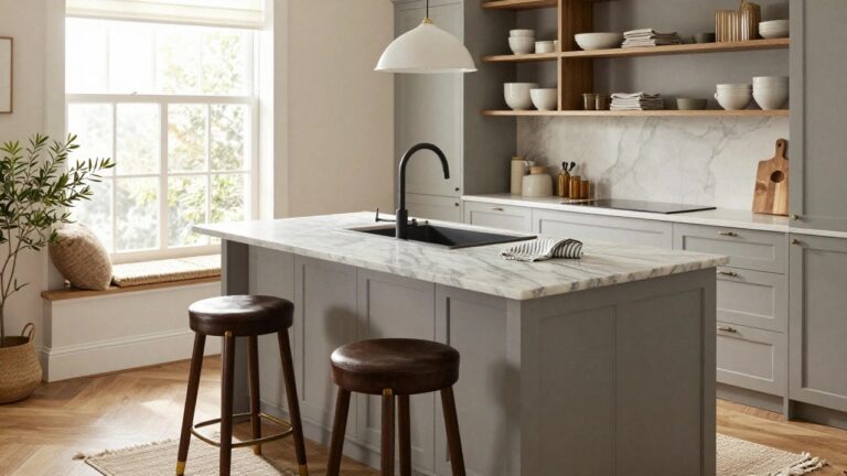 Kitchen interior with light gray cabinets, white marble island countertop and sink with black faucet, two wooden barstools, open wooden shelves holding white bowls and plants, and a window with sheer curtains.
