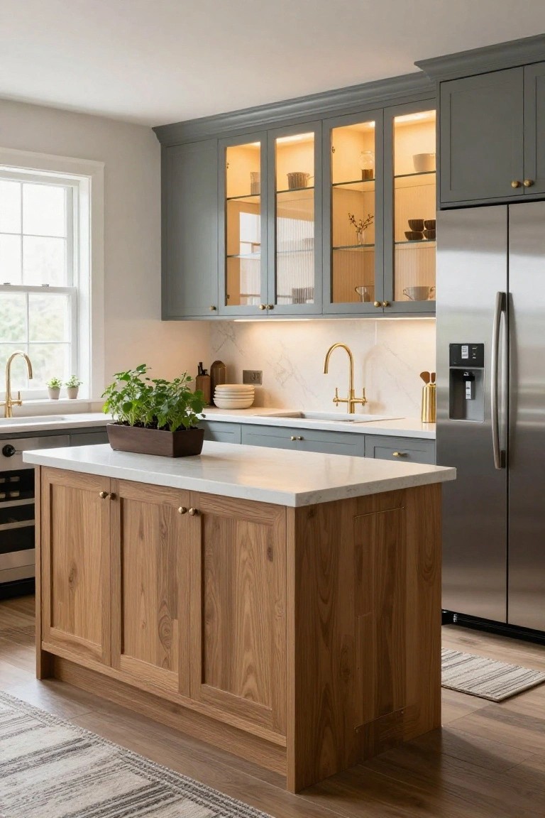 Kitchen interior with light gray cabinets, glass-front upper cabinets, wooden island with white countertop and brass handles, gold faucets, white subway tile backsplash, and stainless steel fridge.