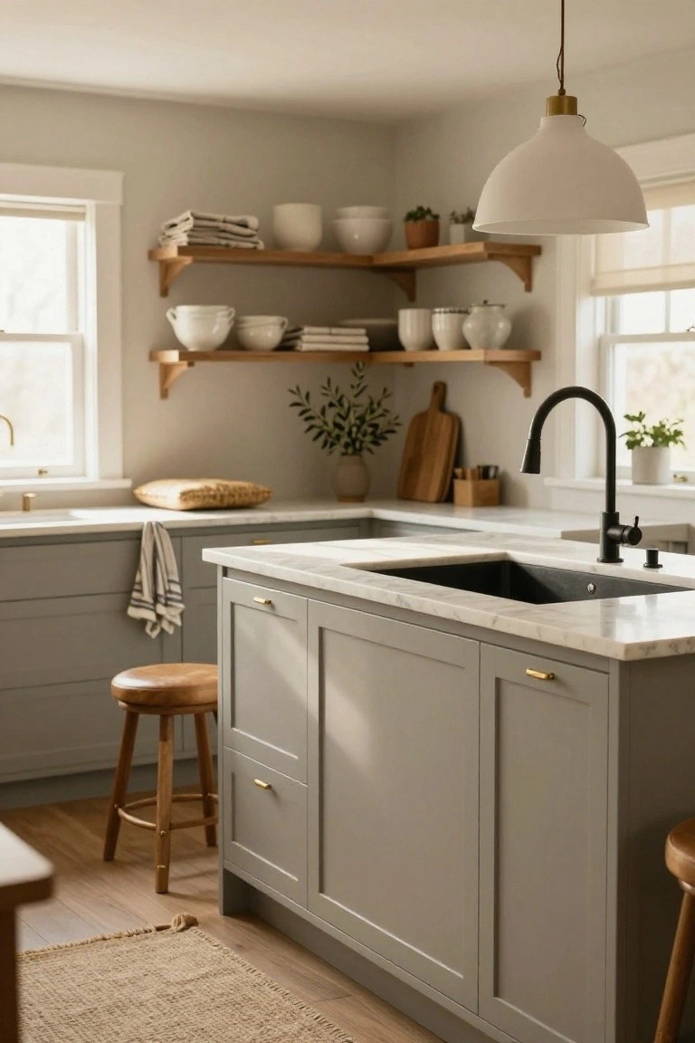 Kitchen interior with light gray cabinets, white marble island countertop and sink with black faucet, two wooden barstools, open wooden shelves holding white bowls and plants, and a window with sheer curtains.