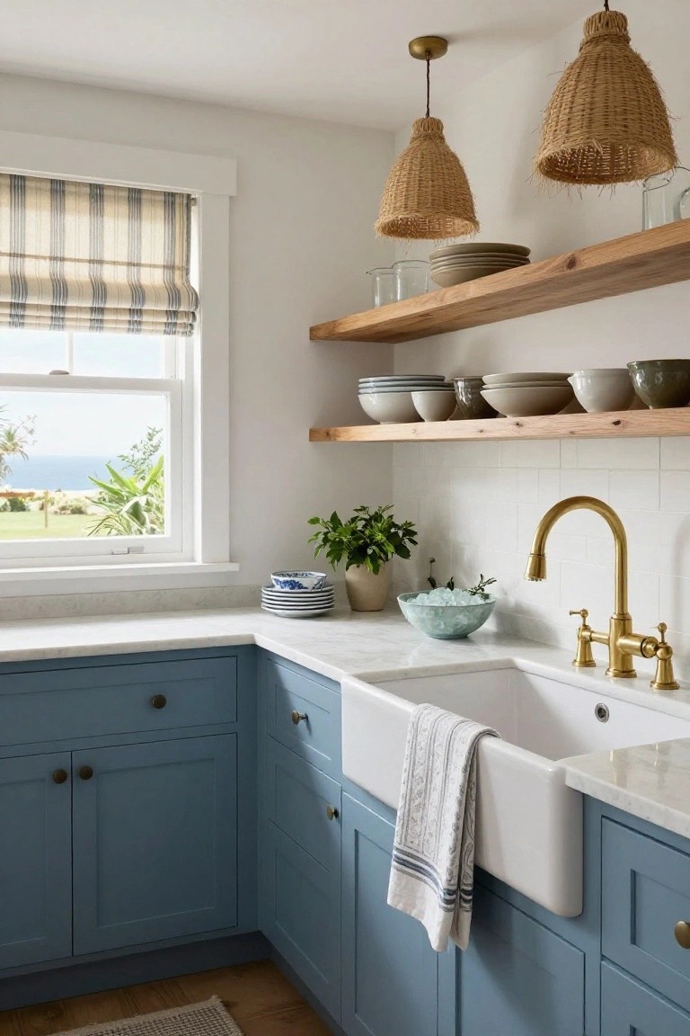 Corner view of a kitchen with navy blue shaker cabinets, white marble countertop and farmhouse sink with gold faucet, open wooden shelves holding ceramic bowls and plates, rattan pendant lights, potted plants, and a window showing ocean view.