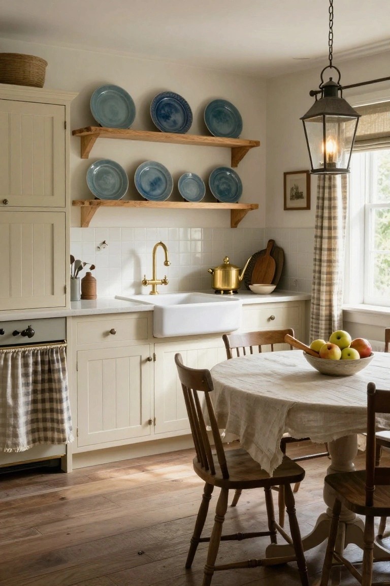 A kitchen with cream cabinets, wooden open shelves displaying blue plates, a white farmhouse sink with gold faucet, gold teakettle, wooden cutting board, round linen-draped table holding apples, wooden chairs, and hardwood floors.