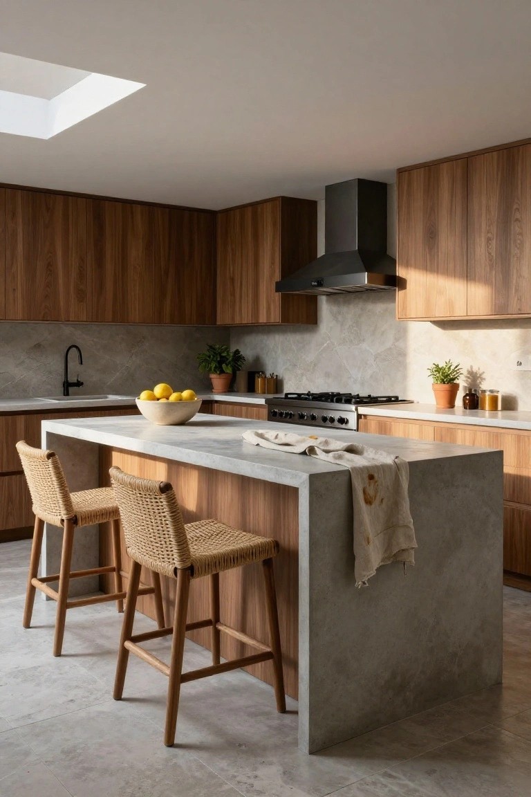 Kitchen interior with warm wood cabinets, large gray concrete island topped with a white bowl of lemons and draped cloth, two rattan bar stools, black faucet, marble-look backsplash, gas cooktop, skylight, and potted plants.