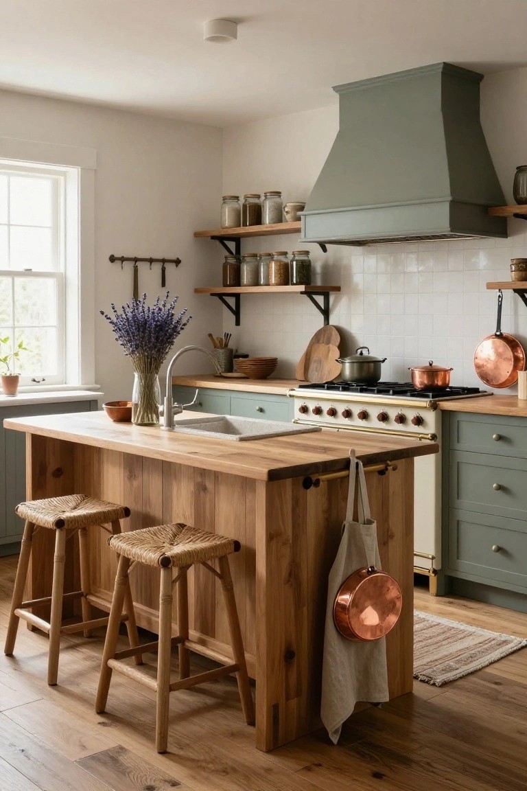 Kitchen with central wooden island and two rattan bar stools, sage green cabinets, white subway tile backsplash, copper pots hanging nearby, and lavender flowers in a vase by the sink.