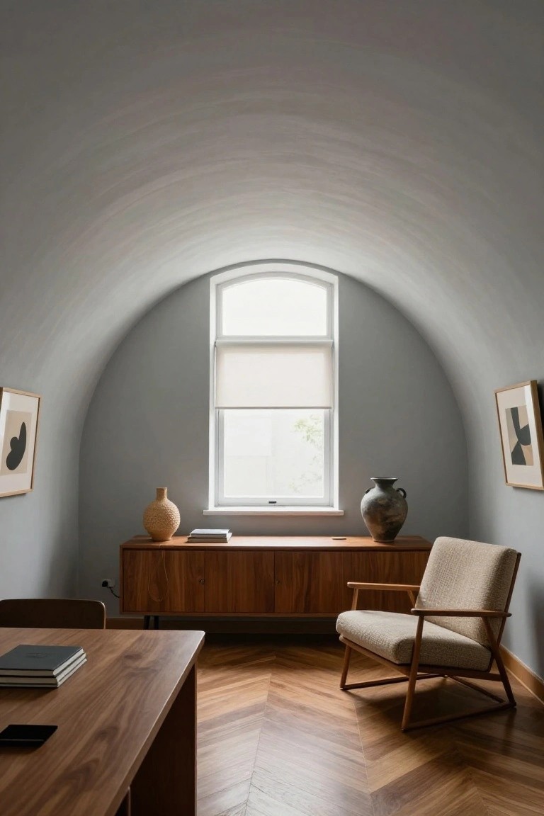 Home office interior with smooth curved barrel vault ceiling in light gray, wooden desk and credenza, beige armchair, two vases on credenza, abstract framed artwork, arched window with roller blind, and herringbone parquet floor.