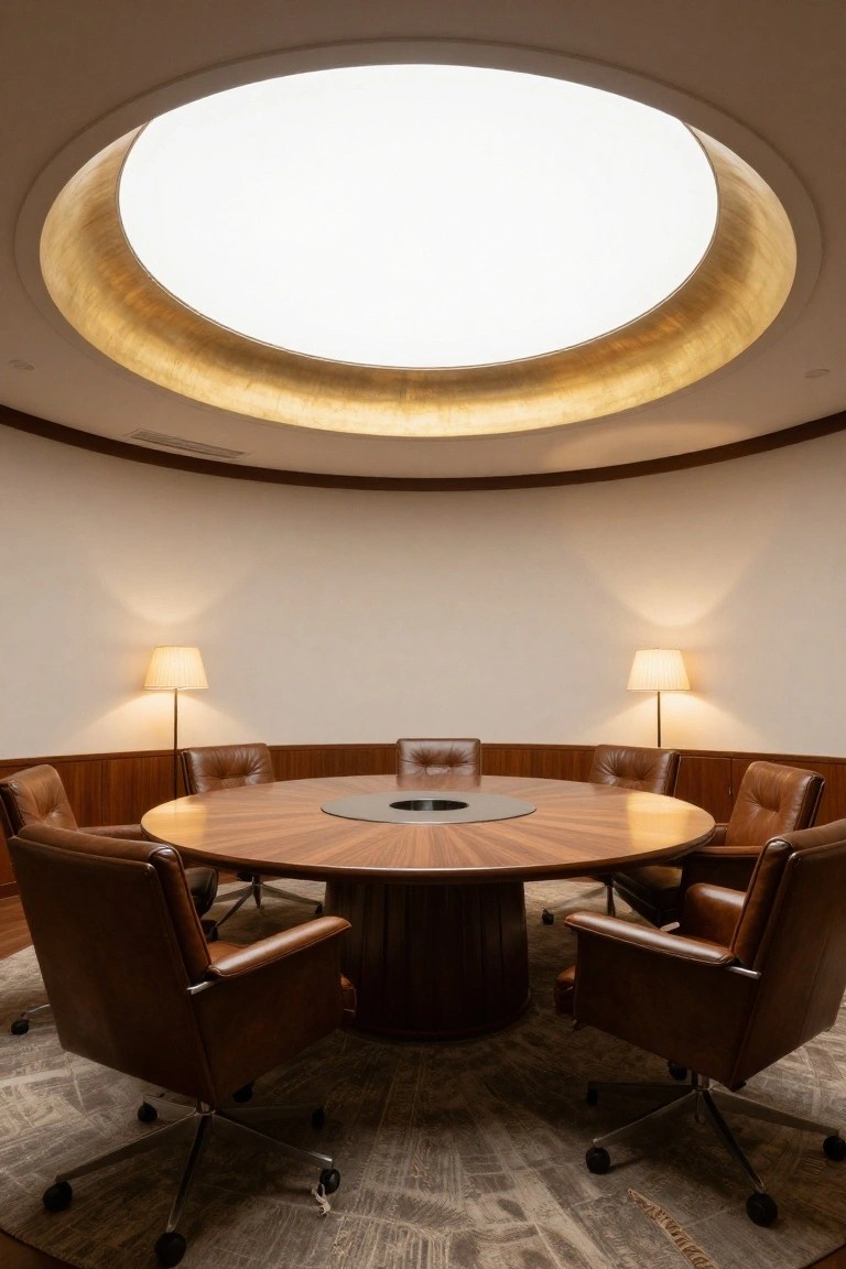 Circular office room with round wooden table, leather swivel chairs, two floor lamps, curved wood-paneled walls, and a central round skylight ceiling edged in gold.