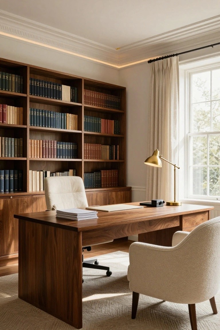 Home office with floor-to-ceiling walnut bookshelves full of books, large walnut desk topped with stacked papers, white leather desk chair on wheels, cream bouclé armchair, gold adjustable desk lamp, and tall window draped in cream linen curtains, beneath white ceiling with crown molding and integrated LED cove lighting.