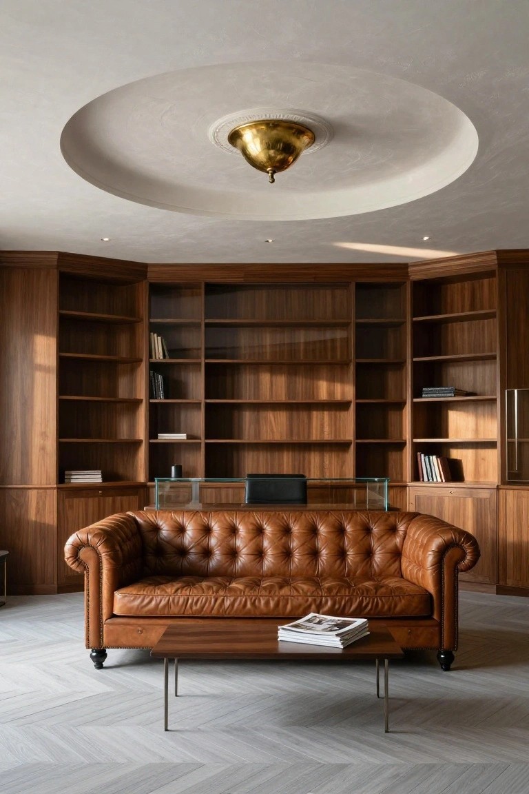 Wood-paneled office with circular domed ceiling and brass lantern pendant light above a tufted leather sofa, glass desk, and bookshelves on herringbone parquet floor