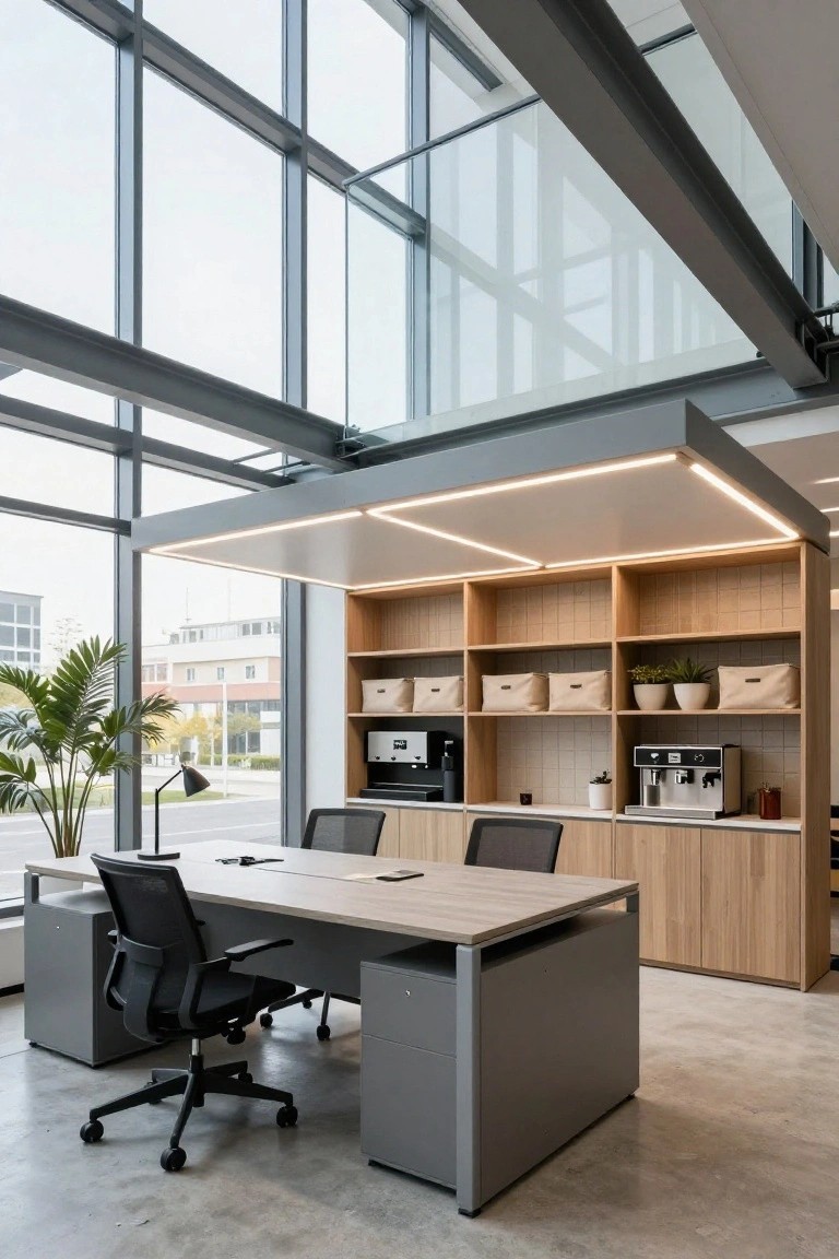 Modern office interior featuring large glass windows, a light wood desk with gray pedestal base and mesh chairs, wooden cabinetry with coffee machines and storage bins, potted plants, and a ceiling with exposed gray steel beams under a white panel edged in LED lighting.