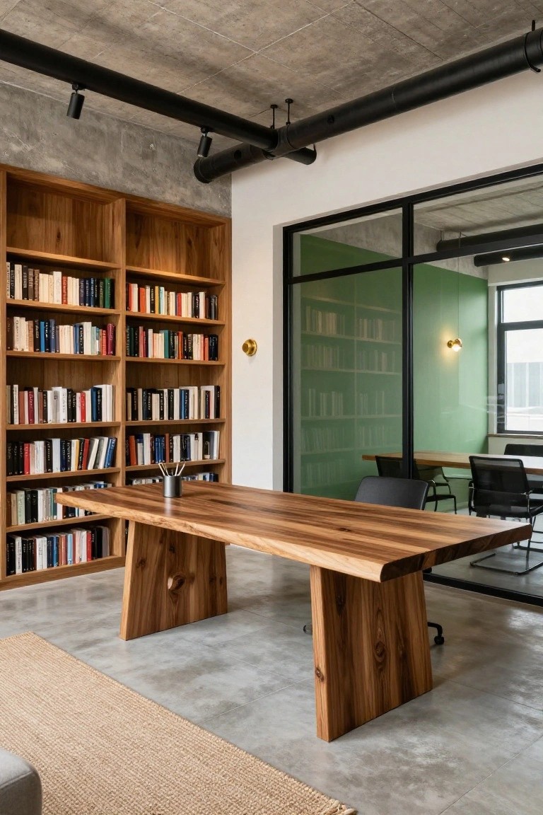 Modern office room featuring exposed concrete ceiling with black ductwork and spotlights, tall wooden bookshelves filled with books, large wooden table with pencils, and a glass partition to a green-walled meeting area with chairs.