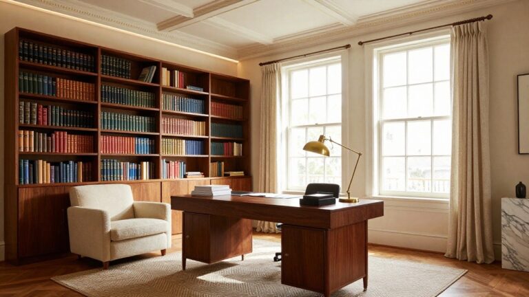 Home office with floor-to-ceiling walnut bookshelves full of books, large walnut desk topped with stacked papers, white leather desk chair on wheels, cream bouclé armchair, gold adjustable desk lamp, and tall window draped in cream linen curtains, beneath white ceiling with crown molding and integrated LED cove lighting.