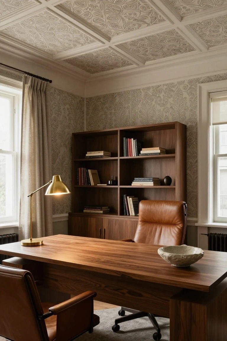 Home office interior featuring an ornate coffered ceiling with beige floral-patterned panels, flanked by tall windows with linen drapes, a wooden desk with leather chairs, and a matching walnut bookshelf.