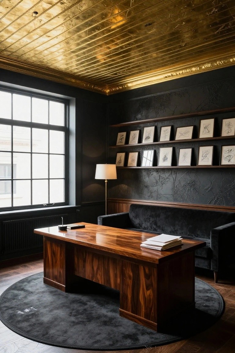 Home office interior with gold embossed ceiling panels, dark walls with artwork shelves, wooden desk, velvet sofa, floor lamp, and large window.