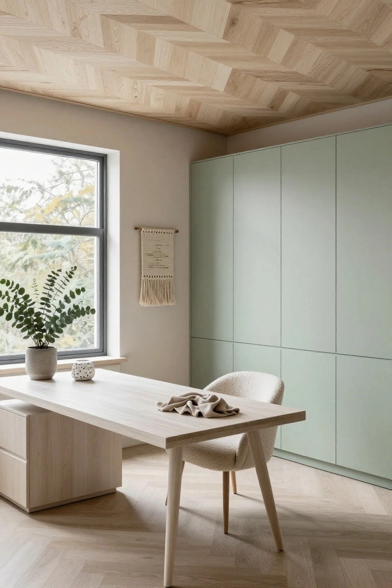 Home office interior with herringbone-patterned light wood ceiling, oak desk and cream upholstered chair, sage green cabinets, potted eucalyptus plant by window, and beige wall hanging.