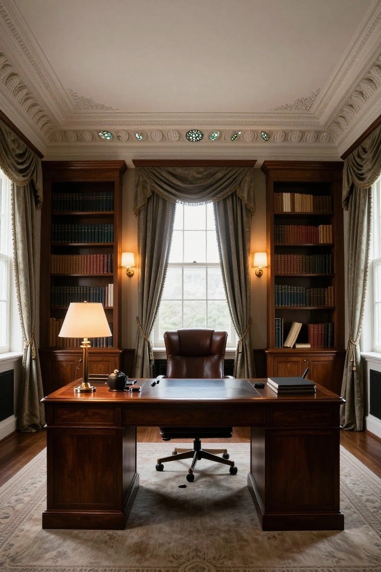 Luxurious home office interior featuring wooden desk with leather chair, tall bookshelves filled with books, large curtained window, wall lamps, and ornate white plaster ceiling with circular medallions and green accents.