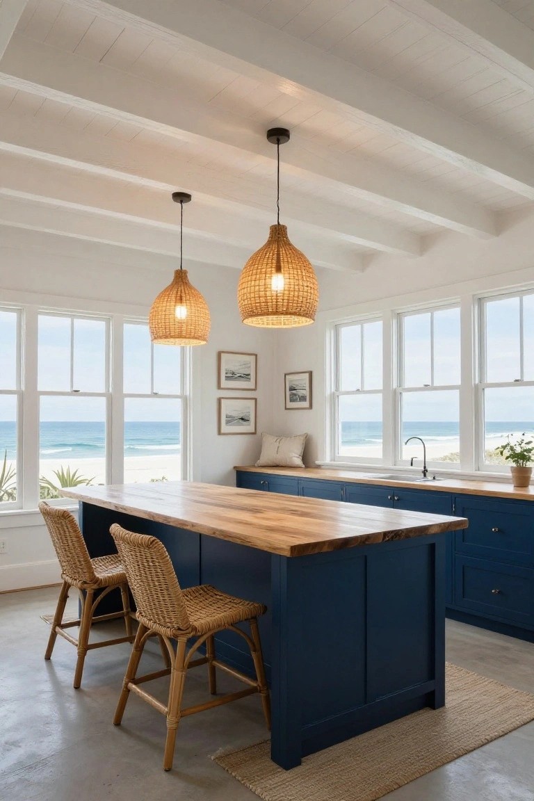 Coastal kitchen with white wood-beamed ceiling and two rattan pendant lights hanging above a navy blue island topped with live-edge wood, flanked by rattan stools, with large windows showing ocean and beach view.