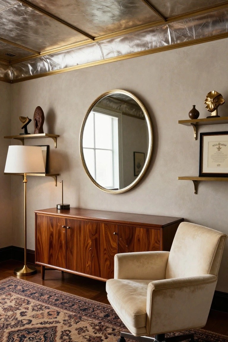 Home office interior with crinkled shiny gold metallic ceiling, wooden credenza with doors, beige swivel armchair, large round mirror on beige wall, brass shelves holding sculptures, and floor lamp.