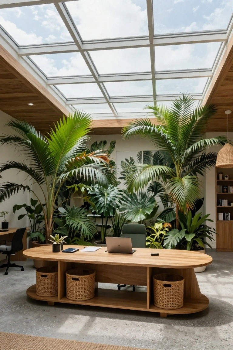 Modern indoor office with oval wooden desk holding a laptop and papers, surrounded by large tropical plants and palms, beneath a grid-framed glass skylight ceiling with wooden beams and natural daylight.