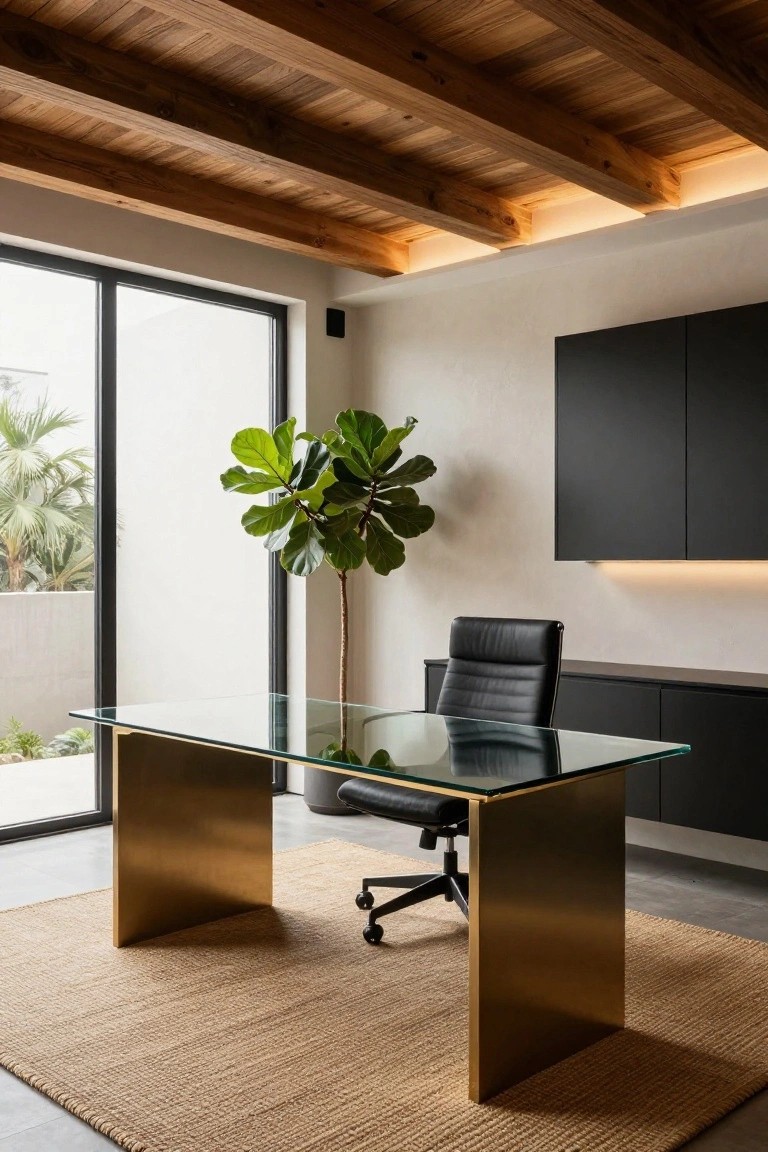 Modern home office with exposed wooden ceiling beams and integrated lighting, glass desk on brass legs, black leather swivel chair, fiddle leaf fig plant near a large sliding glass door, black cabinets, and beige rug on concrete floor.