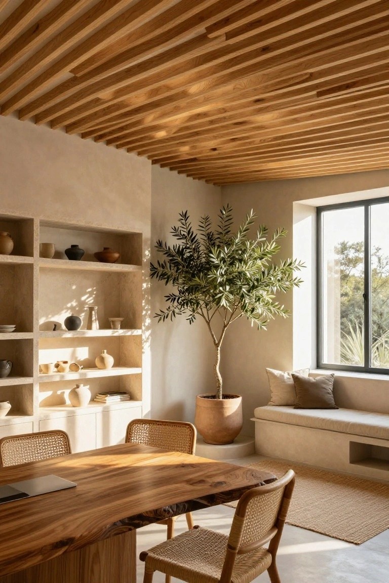 Light-filled office interior with exposed wooden slat ceiling, beige walls and shelves holding pottery, tall olive tree in terracotta pot, wooden table with rattan chairs, built-in bench by large window, and seagrass rug on concrete floor.