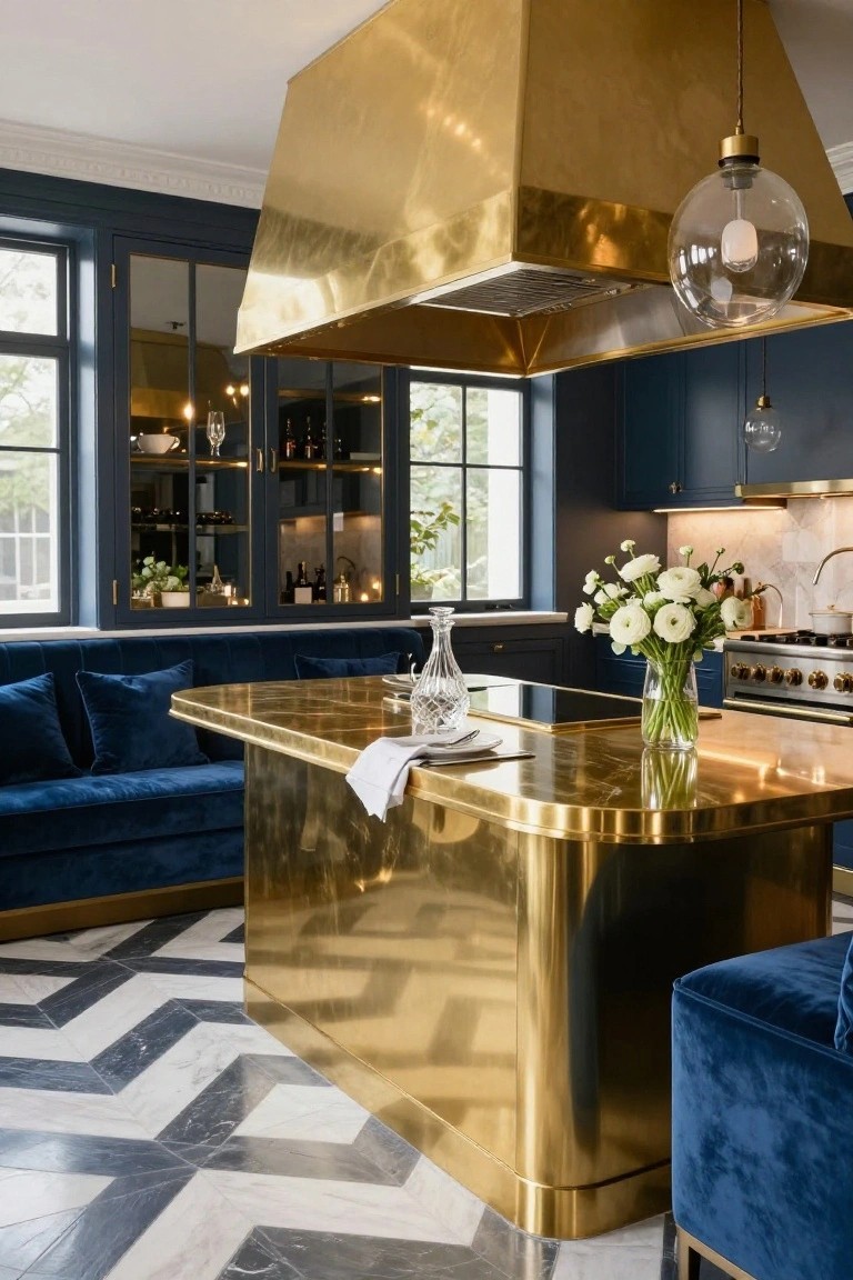 Luxury kitchen with navy blue cabinets and banquette seating, curved brass kitchen island holding a crystal decanter and white flowers in a glass vase, brass range hood above, glass-fronted cabinetry, and black-and-white patterned marble floor.