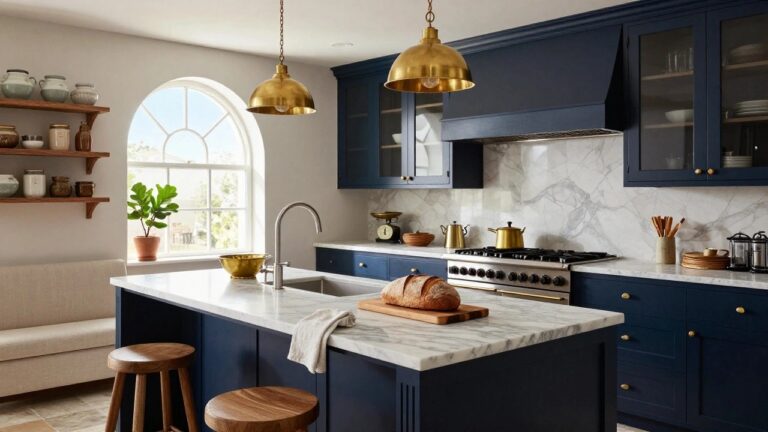 Kitchen interior with navy blue cabinets, glass-front upper cabinets with wood shelves, white marble counters and backsplash, brass pendant lights, arched black window with fiddle leaf fig plant, wooden stool, and blue island.