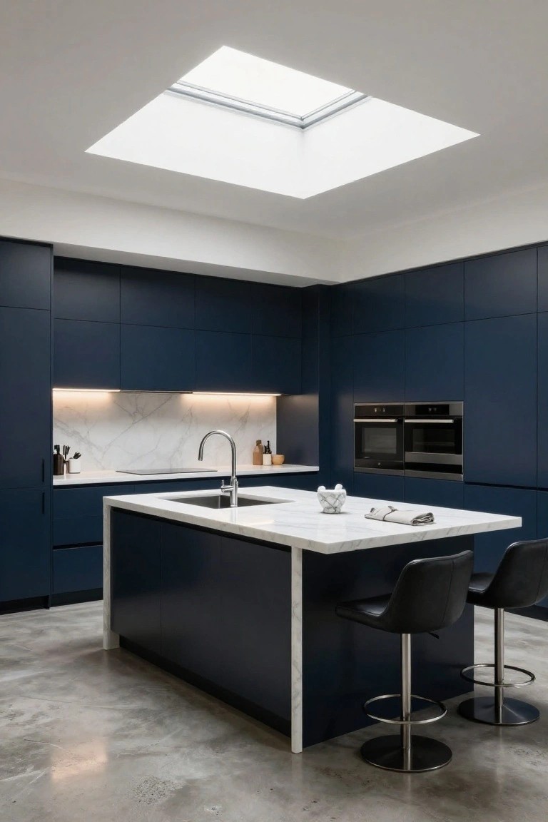Modern L-shaped kitchen with floor-to-ceiling navy blue cabinets, white marble island countertop and backsplash, integrated sink, two black leather bar stools, double wall ovens, polished concrete floor, and large rectangular skylight in the ceiling.