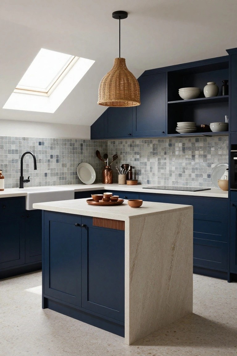 Modern kitchen with navy blue shaker-style cabinets, light veined marble island with waterfall edge, grey subway tile backsplash, black faucet over white farmhouse sink, rattan pendant light, and skylight above.