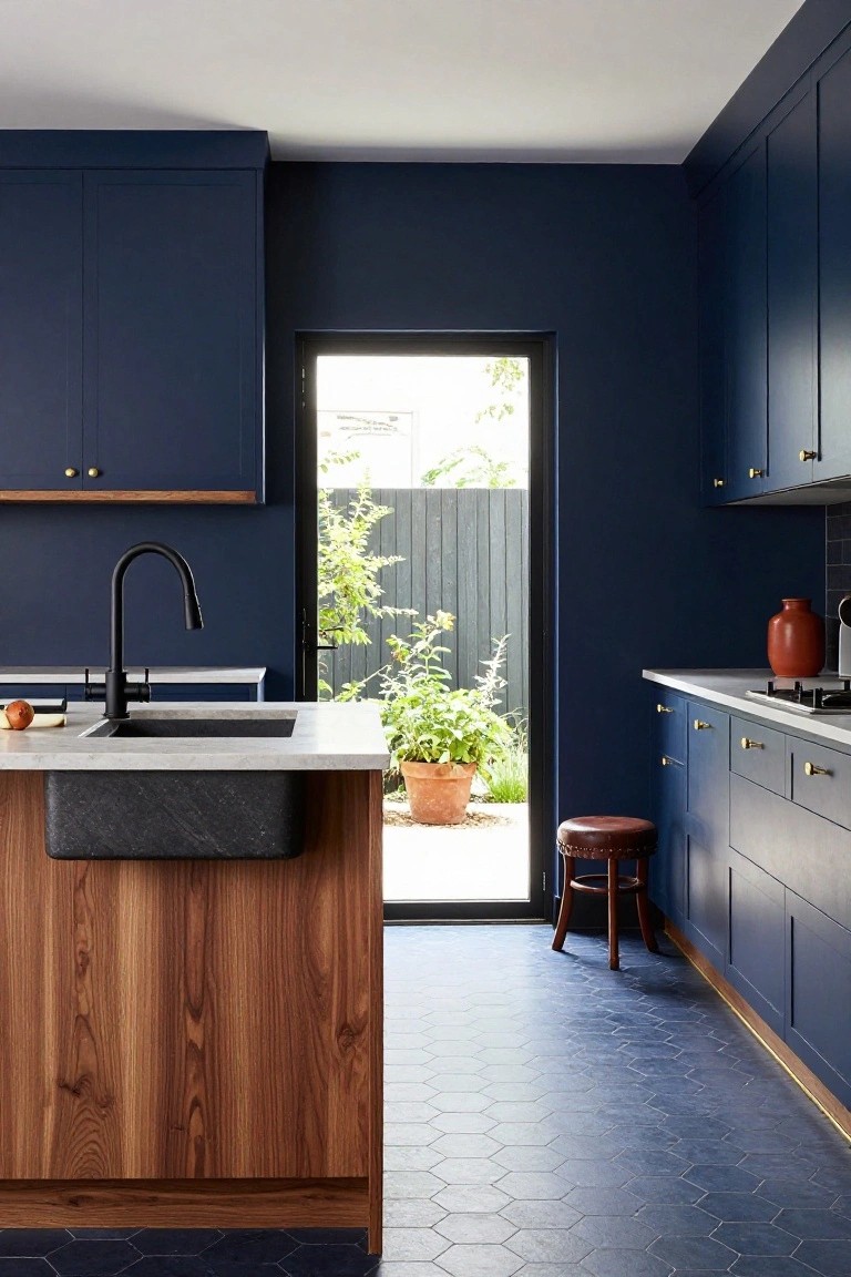Kitchen interior with navy blue upper and lower cabinets, wooden center island holding a black stone sink and matte black faucet, blue hexagonal tile floor, and glass door to backyard garden.