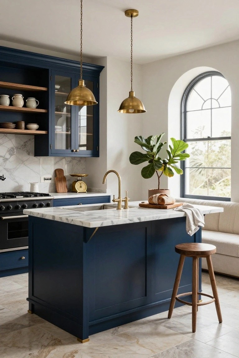 Kitchen interior with navy blue cabinets, glass-front upper cabinets with wood shelves, white marble counters and backsplash, brass pendant lights, arched black window with fiddle leaf fig plant, wooden stool, and blue island.