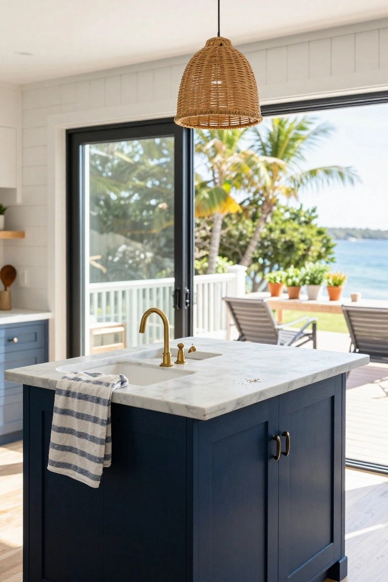 Kitchen with navy blue island cabinets, white marble countertop, gold faucet and handles, blue-striped towel on edge of sink, woven pendant light overhead, white shiplap walls, and sliding glass doors to deck with lounge chairs, plants, palms, and ocean view.