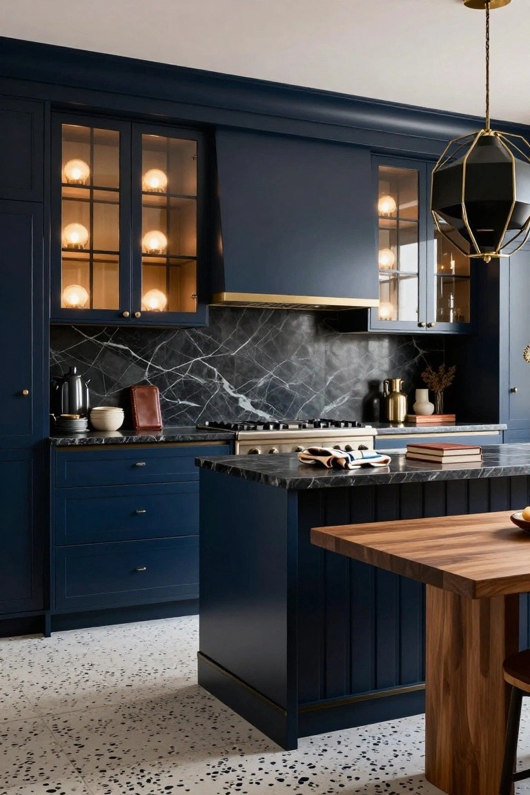A luxury kitchen with deep navy blue cabinets, glass-front uppers with interior lighting, black marble backsplash and counters, brass range hood and hardware, wooden island with stools, and terrazzo tile floor.