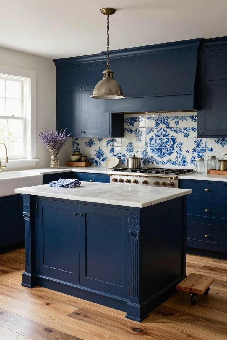 Kitchen with navy blue cabinetry, white marble island and counters, blue and white patterned tile backsplash above a stainless steel range, farmhouse sink, lavender flowers, and hardwood floors.