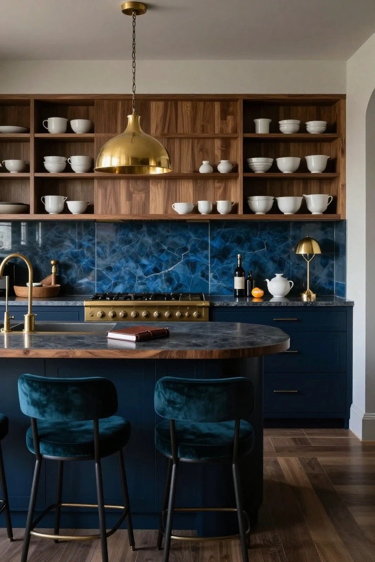 Modern kitchen with open walnut shelving holding white bowls and cups, navy blue lower cabinets and curved island, blue veined mosaic tile backsplash, gold pendant light over island, gold gas range, brass faucet, wood cutting board, wine bottle, and two teal velvet upholstered barstools.