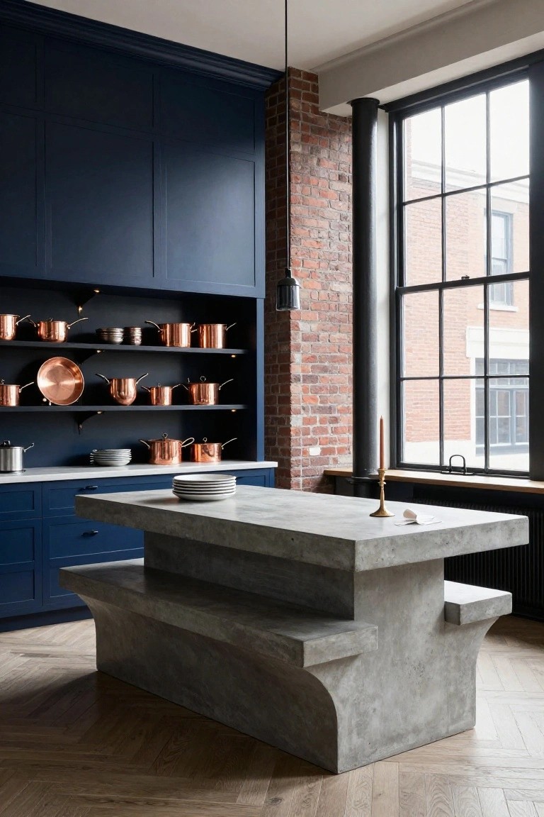 Kitchen interior showing tall navy blue cabinets with open shelves displaying copper pots and pans, a large gray concrete island with built-in benches, exposed brick walls, metal pipe column, and large multi-pane windows.