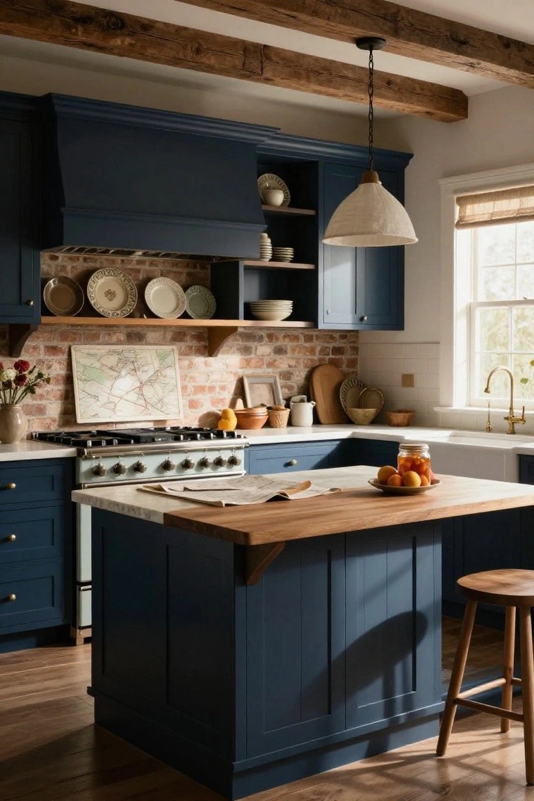 A kitchen with navy blue cabinets, a central island topped with wood and a wood stool, brick backsplash with plates and a map, blue range cooker, and exposed wood beam ceiling.