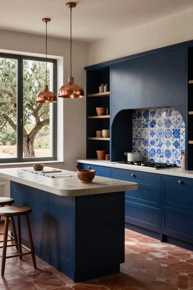 Kitchen interior with deep navy blue cabinets, blue and white patterned tile backsplash in an arched hood over a gas range, white quartz island with wooden stools, copper pendant lights, terracotta tile floor, and large windows showing olive trees outside.