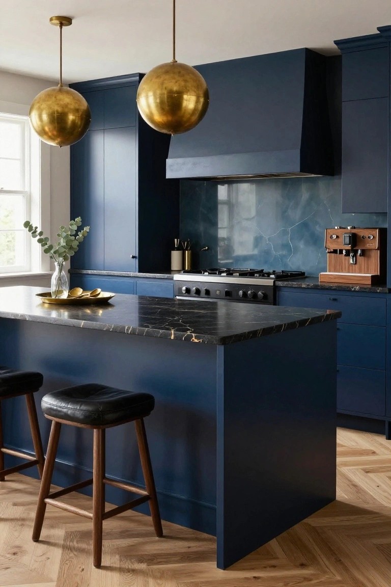 Modern kitchen with navy blue cabinets, black veined marble island countertop, two gold orb pendant lights, wooden bar stools, blue glass tile backsplash, and gas range.