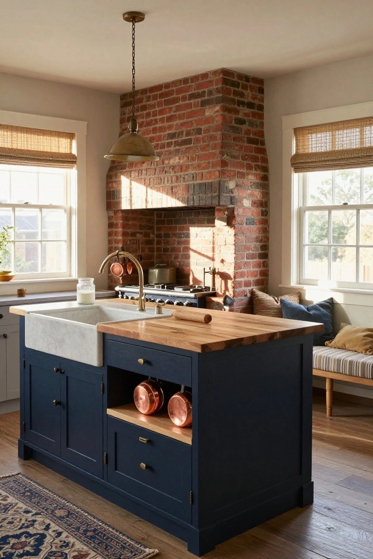 Kitchen interior with dark navy freestanding island topped by light wood butcher block and white farmhouse sink, exposed brick wall with range, copper cookware, and windows with bamboo shades.