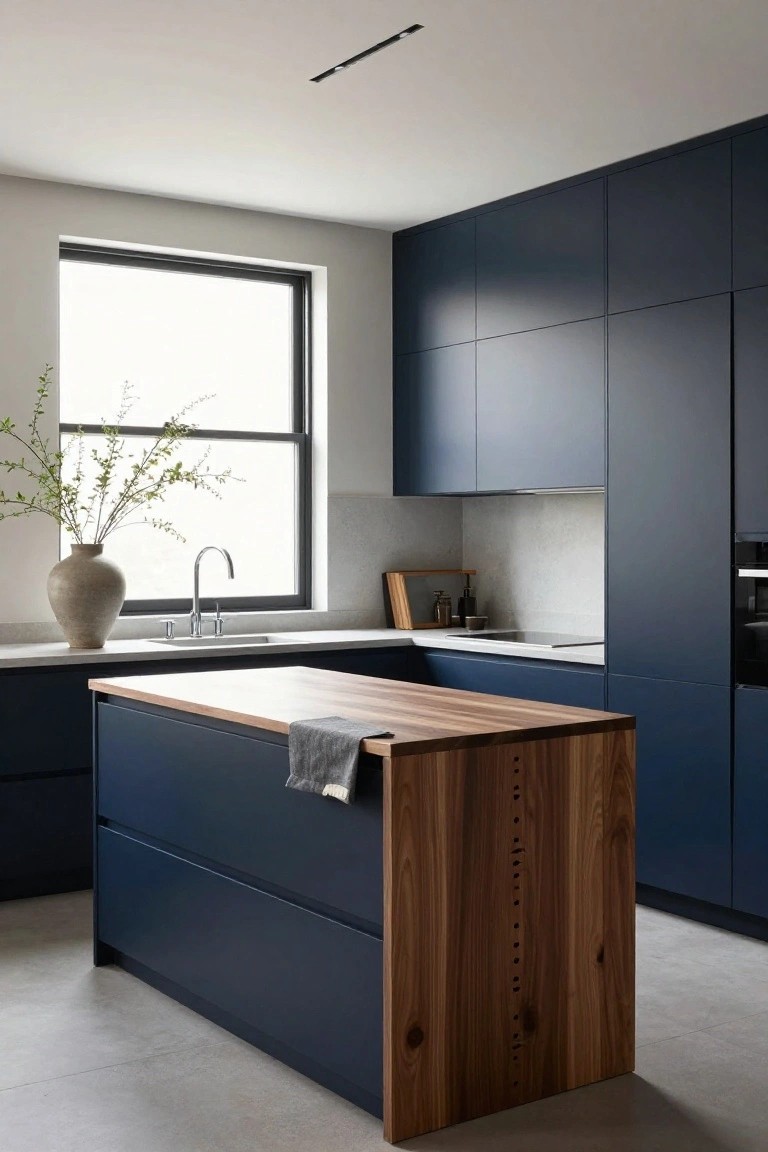 Modern kitchen with matte navy blue cabinets, central freestanding island featuring thick walnut wood countertop and sides with peg details, white quartz counters and backsplash, integrated sink, and potted branches by a window.