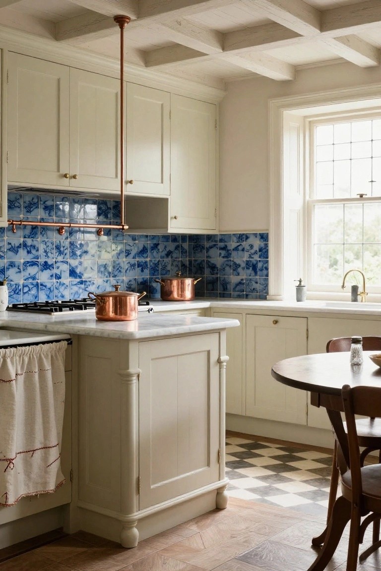Cream kitchen with navy blue patterned tile backsplash, copper pipe shelf holding pots above gas stove, marble counters, central white island, checkered floor tiles, and round wood table with chairs.